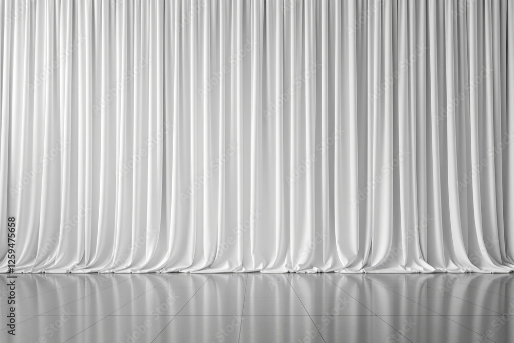 Poster elegant white curtain with smooth drapery and reflections on a polished tiled floor, creating a styl