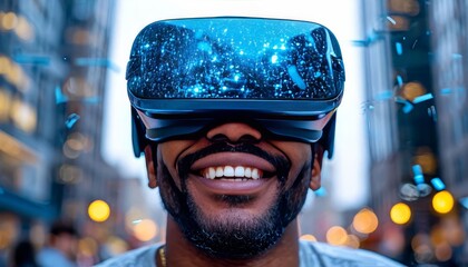 Happy man wearing a vr headset, smiling while navigating the metaverse in a vibrant city, surrounded by floating blue particles, embodying the excitement of digital exploration