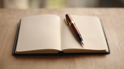 Open Lined Notebook with Elegant Brown Fountain Pen on Wooden Desk Ready for Writing