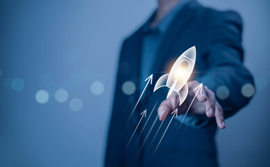 businessman launch rocket, startup concept. entrepreneurship starts with digital technology and the growth of an online business. progress of Leadership and new business success