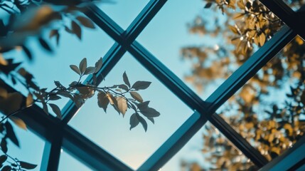Close-up photo of a blue glass roof with black metal frames, featuring a geometric shape against a sky background.
