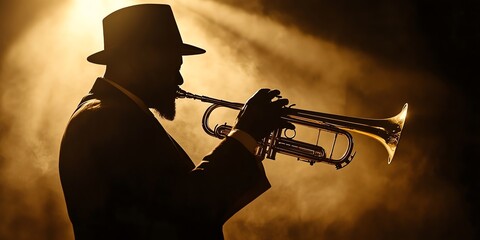 Silhouette of a jazz trumpet player in a darkly lit club. Artistic, moody, and dramatic, perfect for music-themed projects and creative designs.