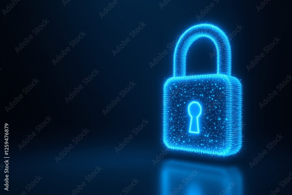 Poster glowing digital padlock made of blue particles and lines on a dark background. concept of cybersecur