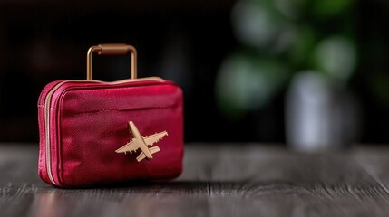 Red suitcase, airplane model, wood table, blurred background, travel planning