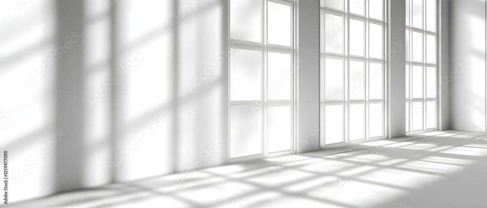 Poster bright room interior with large windows and sunlight creating abstract shadow patterns