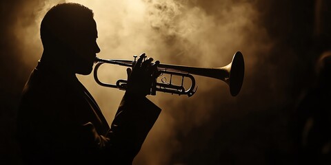 Silhouette of a jazz trumpet player in a darkly lit club. Artistic, moody, and dramatic, perfect for music-themed projects and creative designs.