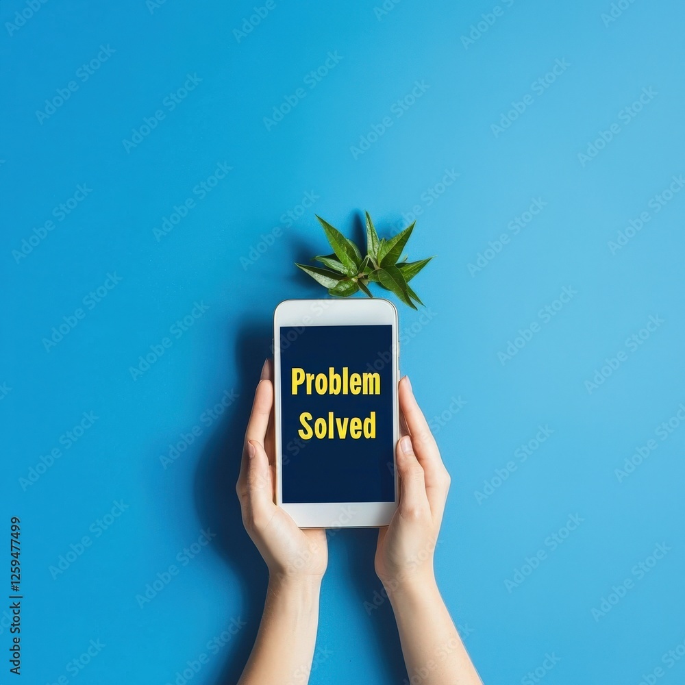 Poster customer holding a smart device with a message reading 