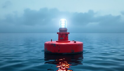 Red Navigation Buoy Floating on Calm Ocean Water with Light