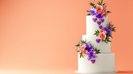 Elegant Three-Tier Wedding Cake Decorated with Flowers and Hearts
