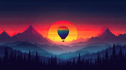 Colorful hot air balloon soaring over majestic mountains at sunset, with vibrant sky and serene landscape