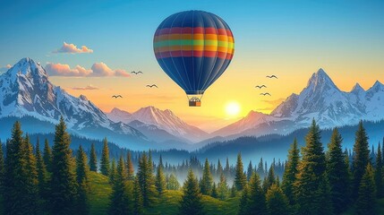 Colorful hot air balloon soaring over majestic mountains at sunrise, surrounded by lush forests