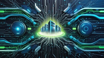 Obraz premium A futuristic, high-tech background featuring a complex network of interconnected circuits, wires, and nodes, depicted in shades of electric blue, silver, and neon green. The composition is dense and b