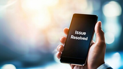 Customer holding a smartphone showing "Issue Resolved" in bright text
