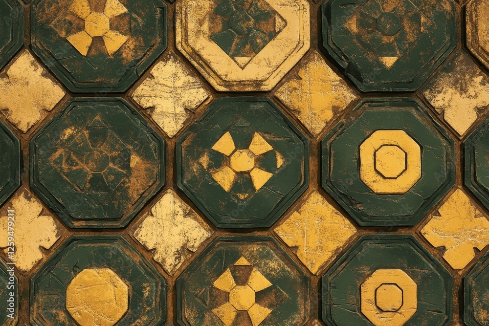 Poster ancient octagonal tile pattern: a close-up of distressed, geometric floor design with yellow and dar