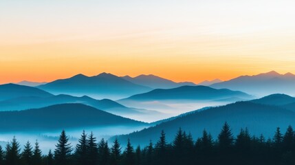 Obraz premium A serene landscape of layered mountains at dawn, with mist rolling through the valleys and a soft gradient of colors in the sky.