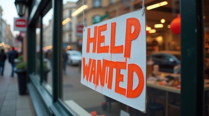A bold "Help Wanted" sign displayed in a shop window, with bright colors and clear lettering, capturing attention in a busy street scene