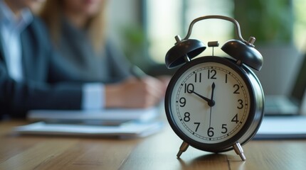 A close-up of a clock showing the time for an interview, with a blurred background of a professional workspace