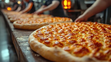 Workers preparing freshly baked pizzas in a bustling kitchen with ovens in the background