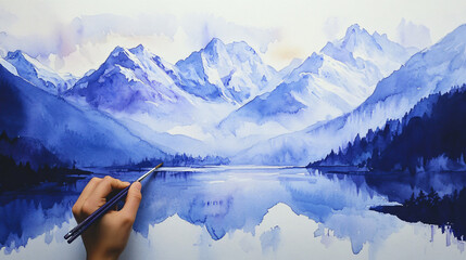 A student painting a mountain range using cool blues and purples, experimenting with layering watercolors to create depth and distance in the landscape.