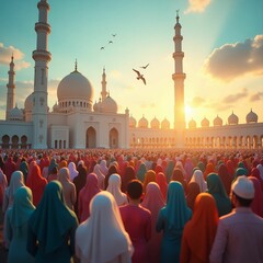 a beautiful scene of a large congregation of Muslims performing the Eid prayer at a grand mosque during sunrise