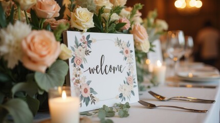 A close-up of a welcome sign with elegant typography and floral accents