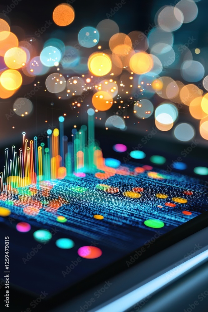 Poster a colorful data visualization glowing on a digital tablet.