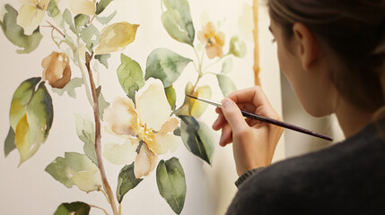 A student paints a detailed botanical illustration with watercolors, capturing the fine textures of leaves and flowers using controlled brushstrokes.