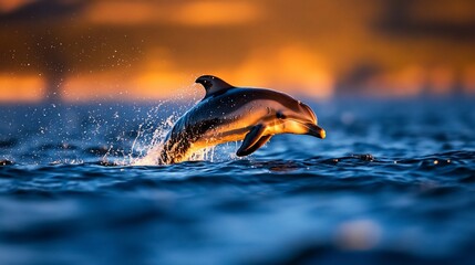 Obraz premium Dolphin leaping sunset ocean wildlife nature
