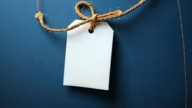 Blank price tag hanging from a twine on a dark blue background