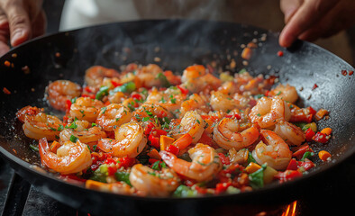 A chef&rsquo;s hand, wearing a black apron, skillfully tossing shrimp and colorful vegetables in mid-air from a sizzling pan. Captured against a dark black background with professional studio lighting