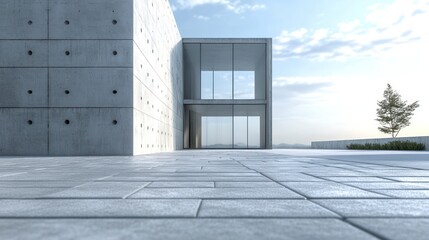 3D rendering of a modern house with a concrete facade, minimalist architectural design. Modern contemporary home exterior. Architectural building design. A minimalist square block structure with glass