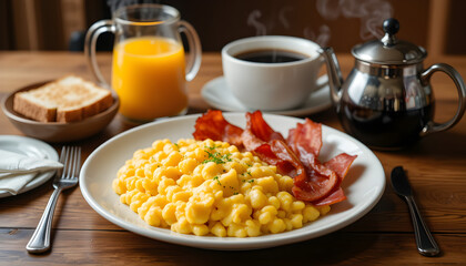 Delicious Breakfast With Scrambled Eggs, Bacon, Coffee, and Toast on Wooden Table