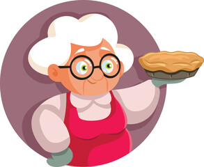Cheerful Granny with Apple Pie Vector Cartoon Character. Senior female home cook with delicious baked tart woman 
