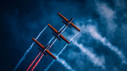 Airshow jets fly in formation, leaving colorful smoke trails against a dramatic sky