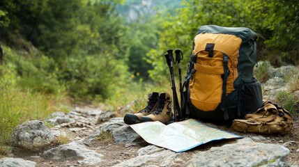 Neatly arranged hiking equipment on a rocky trail, emphasizing readiness and adventure. Ideal for hiking and outdoor content.