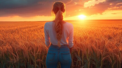 Woman gazing at a vibrant sunset over a golden wheat field, evoking tranquility and beauty
