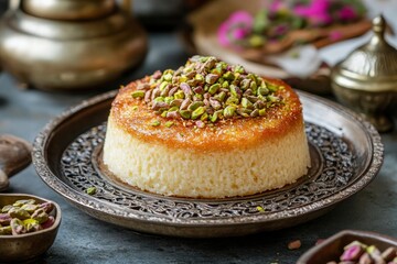 Traditional milky crispy Ramadan dessert custard pudding with roasted kadayif and diced pistachio . with generative ai