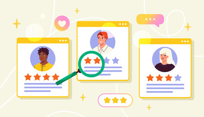 Employee rating concept with magnifying glass on profile. 