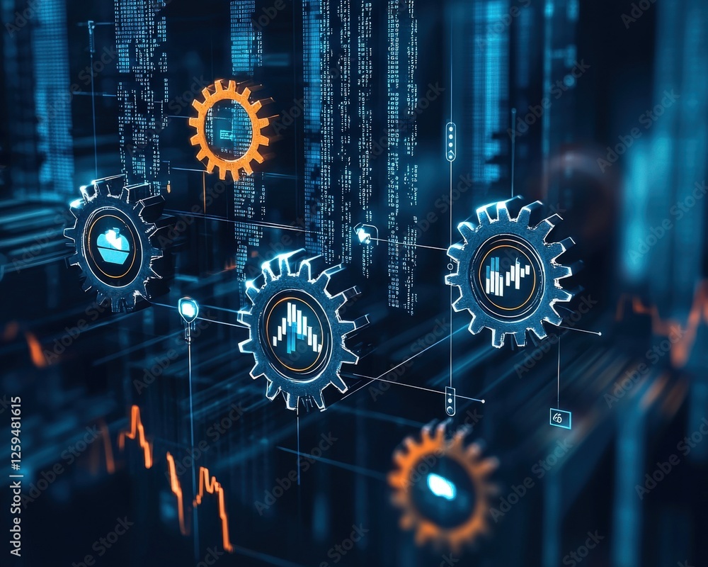 Poster a conceptual image of gears interconnected with market data icons.