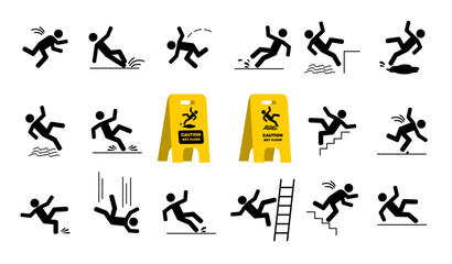 Naklejka premium Stick figure slip and fall warning signs and hazards illustration. 