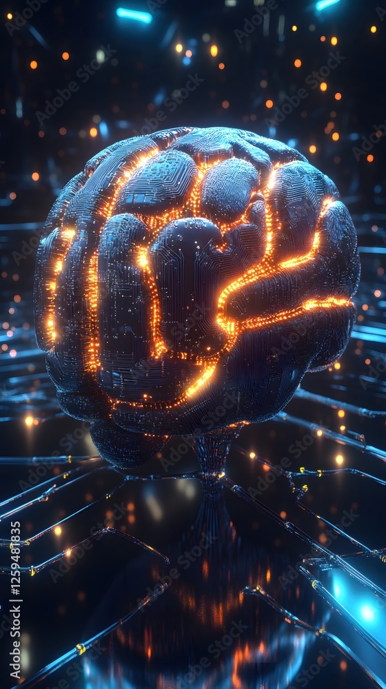 Poster artificial intelligence brain with glowing circuitry represents high tech innovation