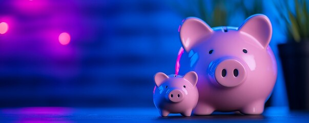 Pink piggy banks savings, blue lights, plant background, finance