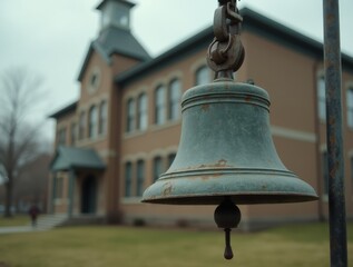 An old, slightly weathered school bell hanging from a metal bracket outside a school building, with a cloudy sky in the background, creating a classic outdoor scene.