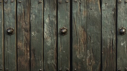 Fototapeta premium Ancient Weathered Wooden Gate with Metal Studs: A Rustic Texture