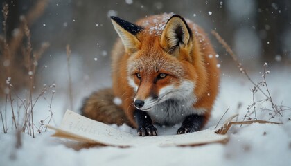 Fototapeta premium Red Fox Pausing Mid-Hunt in Snowy Landscape Near Forgotten Script