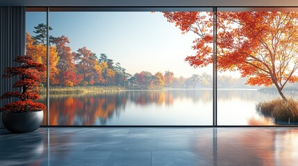 Serene autumn view through large windows showcasing vibrant foliage and tranquil lake reflections