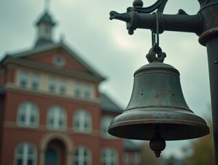An old, slightly weathered school bell hanging from a metal bracket outside a school building, with a cloudy sky in the background, creating a classic outdoor scene.