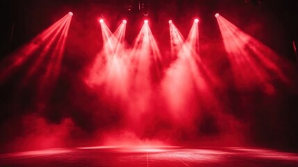 Free stage with lights and smoke, Empty stage with red spotlights, conser, show, party, Presentation concept. Red spotlight strike on black background
