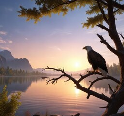 eagle perched on a tree branch with a lake behind it, lake scene, nature photography, tree branch