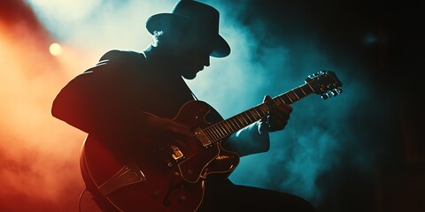 A dramatic silhouette of a jazz guitarist lost in music, bathed in moody club lighting. This artistic black-and-white image captures the soulful energy of a live performance, perfect for music-themed 